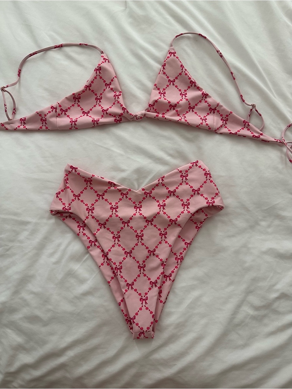 Skatie Pink Printed Triangle Bikini Set with bow print